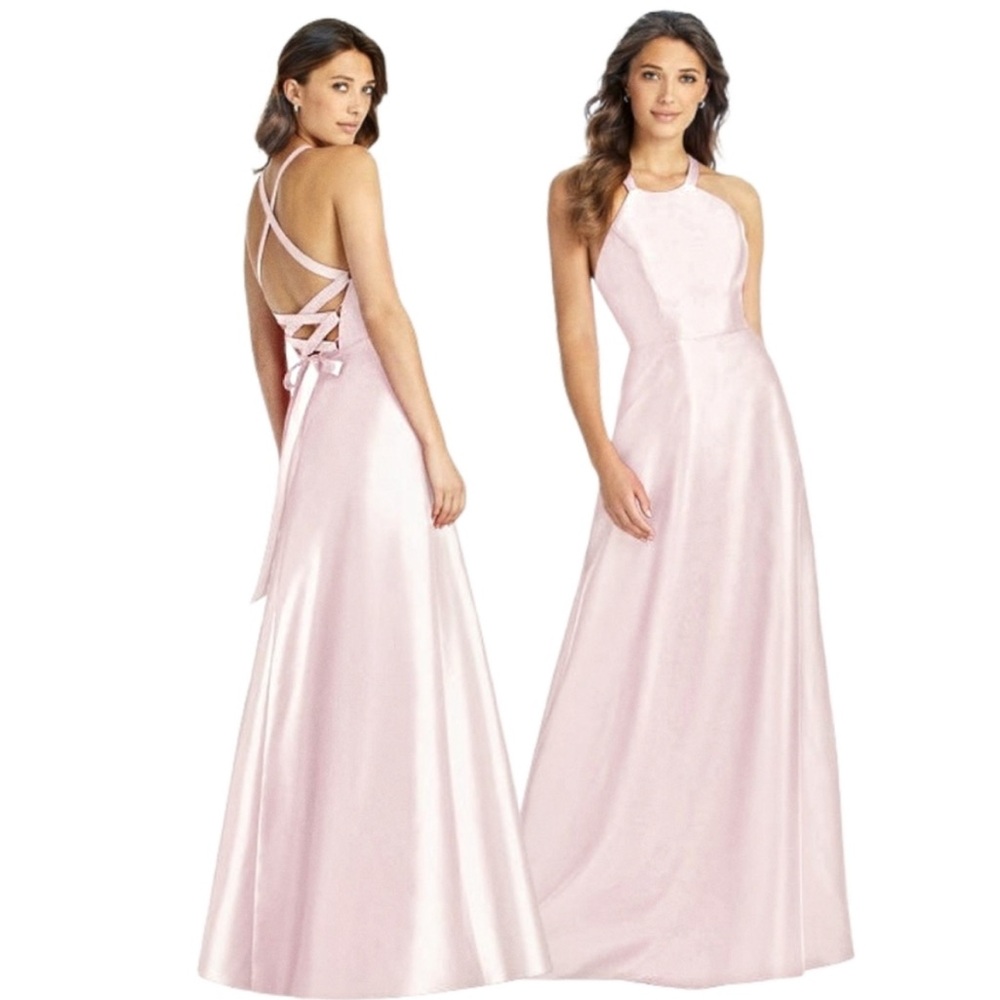 Alfred sung blush pink lace up back halter gown 4